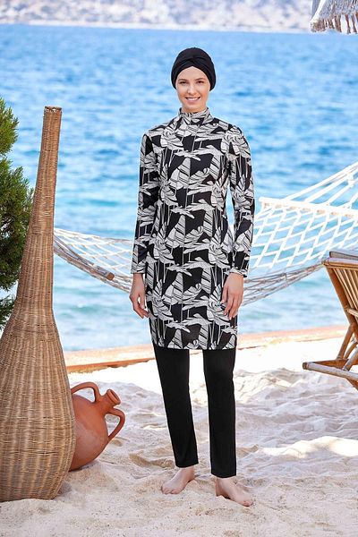 MEBA Ασπρόμαυρο Lycra Rosmay Hijab μαγιό 9206 - Πλήρως καλυμμένο