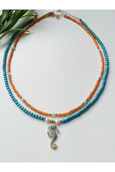 Lilamor Denizatı Kolye ve inci Detaylı Turuncu Boncuk Kolye