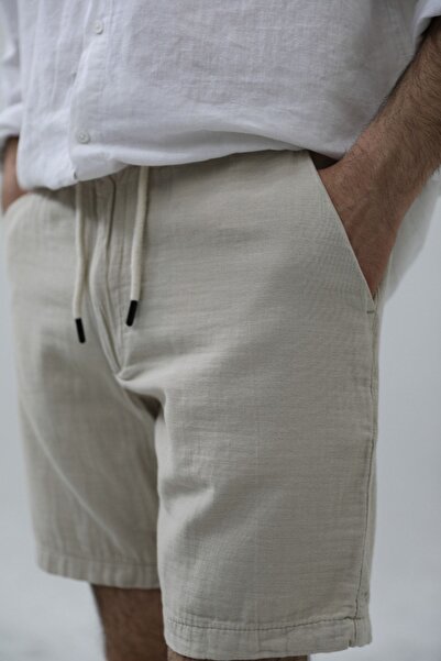 BLUE STREET Erkek Bej Musli Bağcıklı Keten Şort
