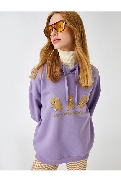 Koton Printed Sweatshirt Hooded With Fleece Inside