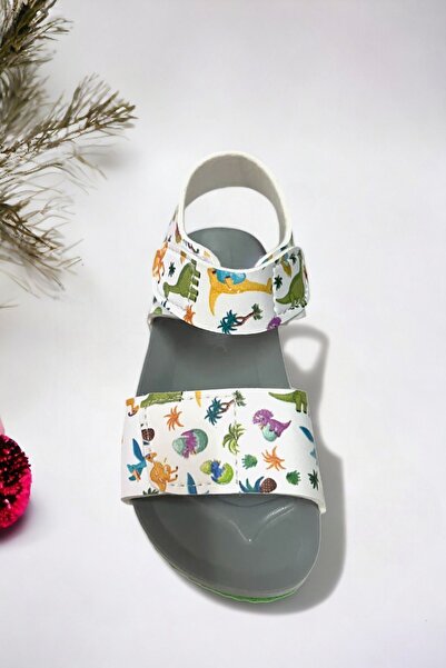 Ponchiq Chlapecké sandály na suchý zip se vzorem bílého dinosaura