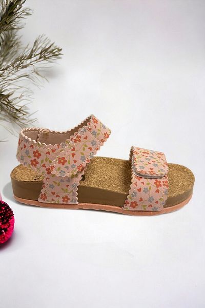 Ponchiq Sandale pentru fete din piele întoarsă pudra cu modele de flori