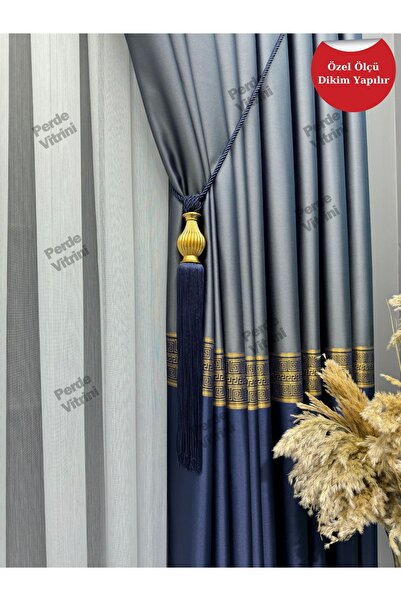 Emes Perde , Lüks Gold Şeritli  Desen Lacivert - Koyu Gri Pano Fon, Perde