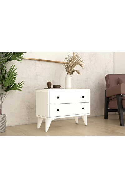 Nettrends Sandara 2 Çekmeceli Ayaklı Modern Tasarım Beyaz Komodin