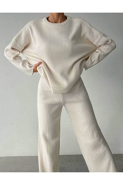 My Blog Crew Neck Ribbed Stone Sweater and Trousers Set