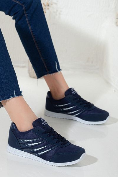 Rona Gifts Pantofi sport de damă, albastru bleumarin, alb, moale, confortabil, cu talpă, pantofi sport, cu șireturi, design elegant, ocazional