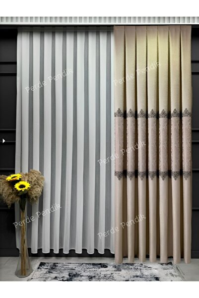 Emes Pano Fon Perde,Çiçek Desenli, Avangart Sık Pileli Krem - Vizon (TEK KANAT)