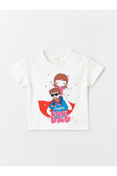 LC Waikiki Lcw Baby Ecru Baby Girl T-shirt - Crew Neck, Printed, Short Sleeve