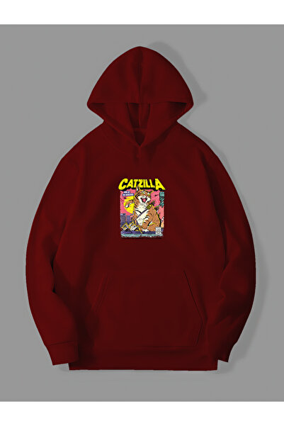 Harmandar Κόκκινο φούτερ με κουκούλα καγκουρό με κουκούλα Catzilla - 3 κλωστές