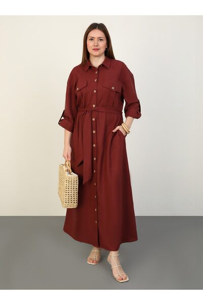 ALİA Brown Linen Plus Size Shirt Dress - Alia