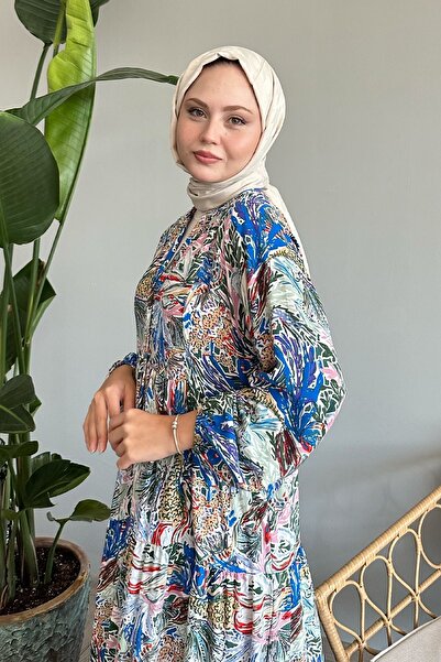 InStyle Karışık Renkli Salaş Turkuaz Viskon Elbise