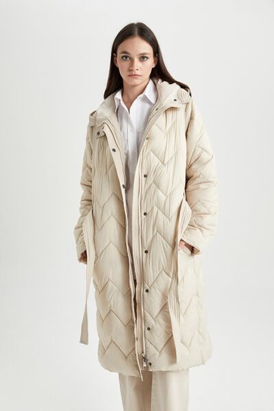 DeFacto Nepromokavé prošívané dlouhé úzké kabáty Relax Fit s kapucí Parka A1939ax23au