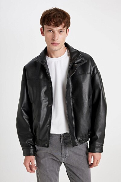 DeFacto Palton supradimensionat din piele artificială - hidrofugă, guler vert...