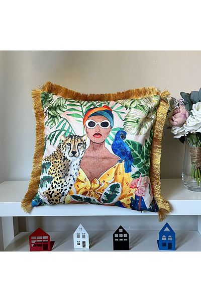 DECO African Tropical Pattern Velvet Throw Pillow - Digital Printed, Fringed
