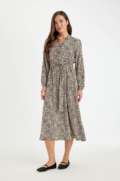 DeFacto Apaş Neckline Leopard Print Button up Long Sleeve Viscose with Belt Maxi Dress D1070Ax24Au