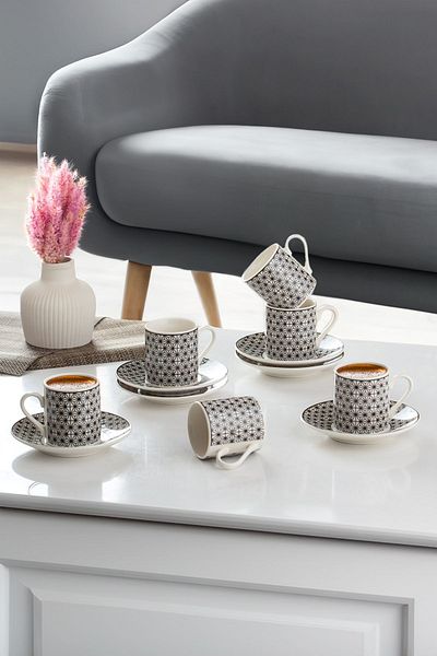 Porsima Yx02 Patterned Porcelain Cup Set - Turkish Coffee for 6 People 90 Cc