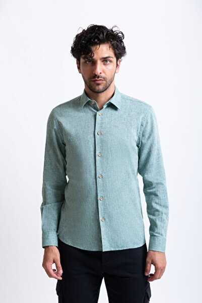 UNIQVIBE Green Natural Linen Men's Shirt