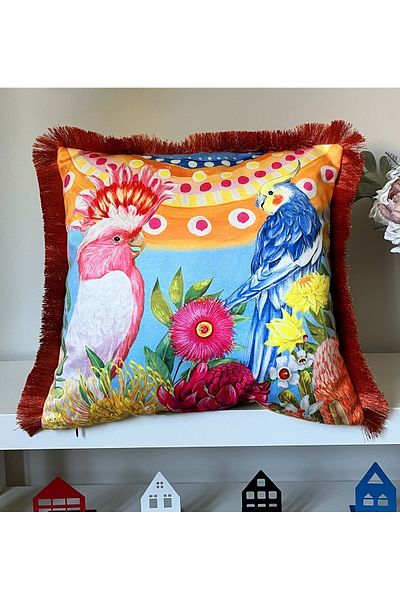 DECO Digital Printed Velvet Throw Pillow - Parrots Patterned, Fringed