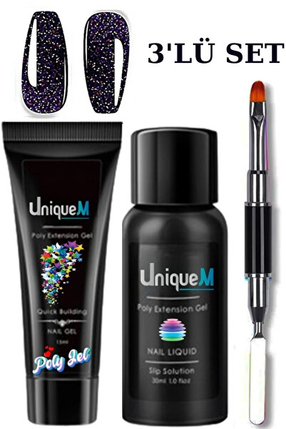 Uniquem 3 Parça Poly Gel Glitter Serisi Protez Tırnak Seti 15Ml Polijel Solüs...