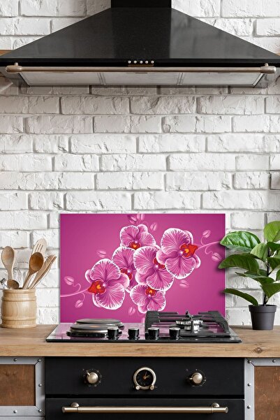 Decovetro Ocak Arkası Koruyucu Vintage Orkide Desenli 76x50cm