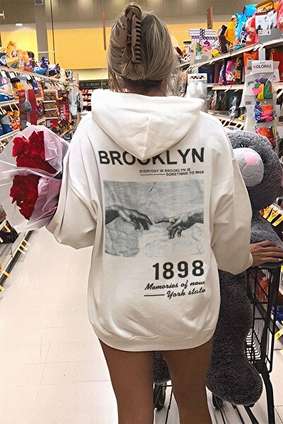 Millionaire Kadın Kırık Beyaz Krem Ekru 1898 Baskılı 3 Iplik Şardonlu Kapüşonlu Oversize Salaş Bol Kesim Hoodie
