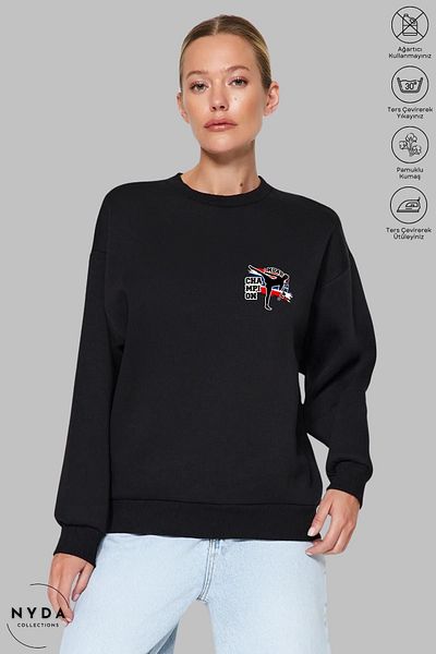 Nyda Collections Hanorac oversize unisex cu imprimeu Muay Thai - mânecă lungă, decolteu, fără glugă, înălțat, bumbac