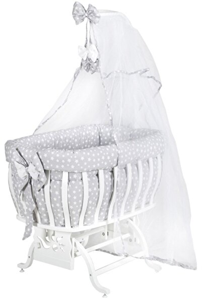 Setay Mdf Beşik, Fiyonklu, Yıldızlı Sallanan Beşik Uyku Seti Cibinlik - Gri