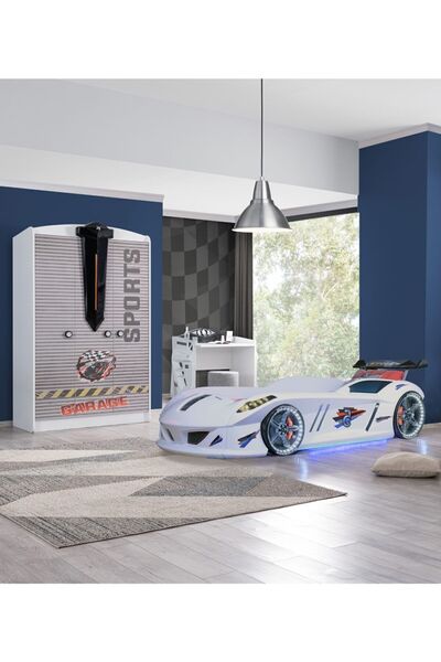 Setay Çocuk Odası - Jaguar Rüzgarlıklı Arabalı Yatak, Sports 3 Kapılı Dolap, Masa - Beyaz