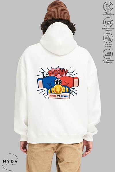 Nyda Collections Hanorac supradimensionat unisex cu glugă cu imprimeu box - mânecă lungă, ridicat, bumbac
