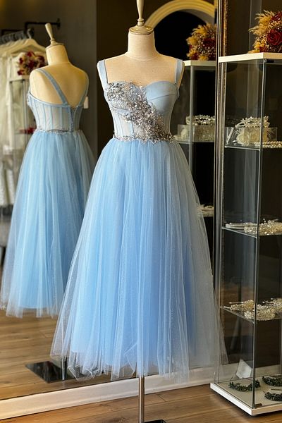 Lenta Moda Rochie de seara Midi din dantela cu sclipici albastra - Rochie de seara transparenta