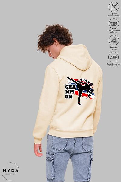 Nyda Collections Hanorac cu glugă unisex cu mânecă lungă Muay Thai, cu glugă, cu glugă, bumbac supradimensionat
