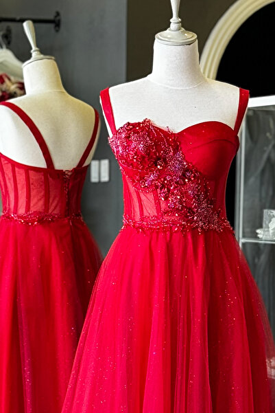 Lenta Moda Simli Kırmızı Maxi Boy Dantelli Transparan Abiye ve Gece Elbisesi