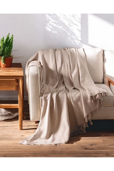 Lux Touch Husa de canapea cu smocuri din bumbac bej Lina - 170 x 210 cm Husa de canapea extensibila