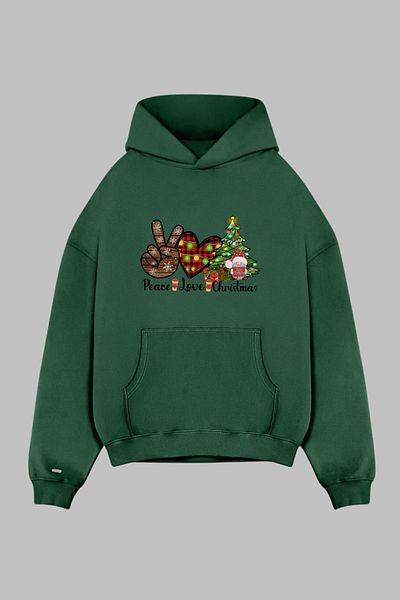 Nyda Collections Hanorac oversize unisex cu glugă - buzunar, mânecă lungă, imprimat Christmas Love Peace
