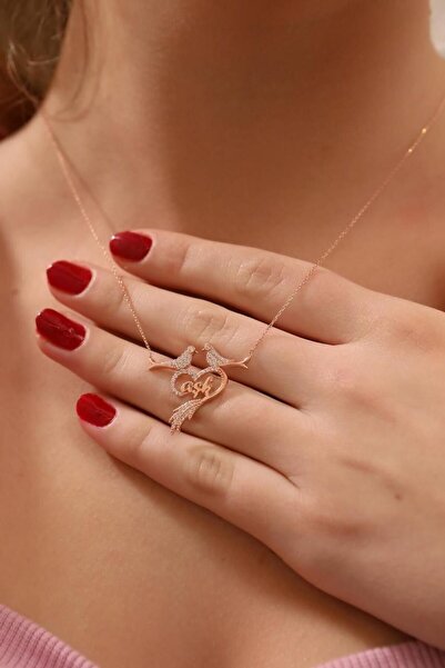 Genel Markalar Çift Kuşlu Aşk Yazılı 925 Ayar Gümüş Kalpli Kolye