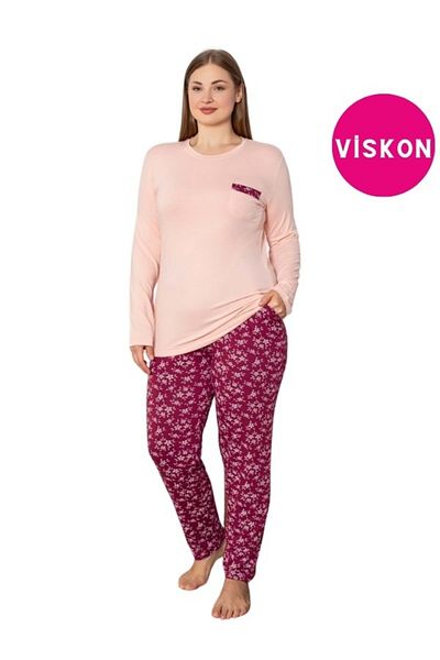 bie's Large Size Powder Floral Crew Neck Seasonal Long Sleeve Pajamas Set