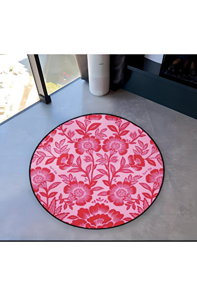 Rugs Modern Halı Pink Themed Floral Patterned Round Woven Base Modern Decorat...