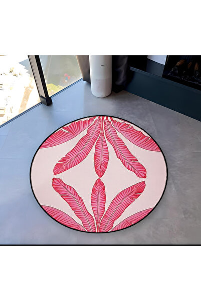 Rugs Modern Halı Powder Pink Tropical Leaves Patterned Round Woven Base Moder...
