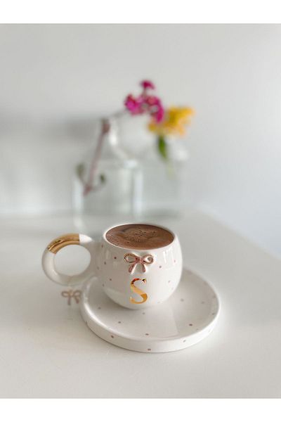Mugtasarım 24K Gold Gilded Pink Double Bow Turkish Coffee Cup - Letter S
