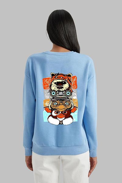 Nyda Collections Hanorac supradimensionat unisex din bumbac - mânecă lungă, imprimeu animal, gât crew, panglică fără glugă