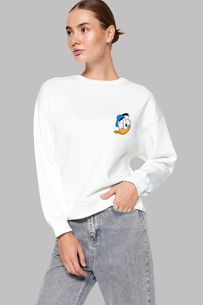 Nyda Collections Hanorac oversize din bumbac unisex cu imprimeu Daffy - mânecă lungă, decolteu, fără glugă
