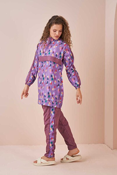 Mevra Costum de baie Hijab cu model buline Liliac scurt