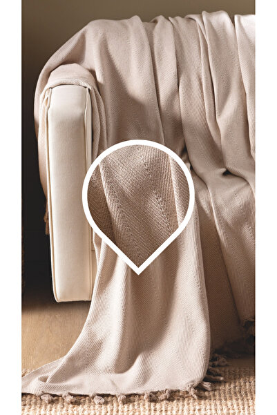 Lux Touch Lina Bej Koltuk Örtüsü 170 x 210 cm Kanepe Çekyat Divan Örtüsü Pamuklu Püsküllü