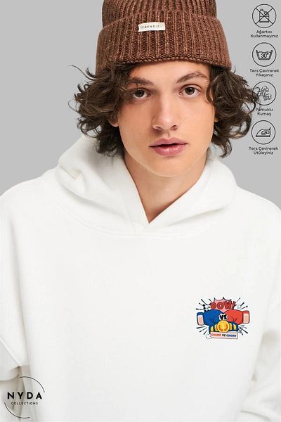 Nyda Collections Hanorac supradimensionat unisex cu glugă cu imprimeu box - mânecă lungă, ridicat, bumbac