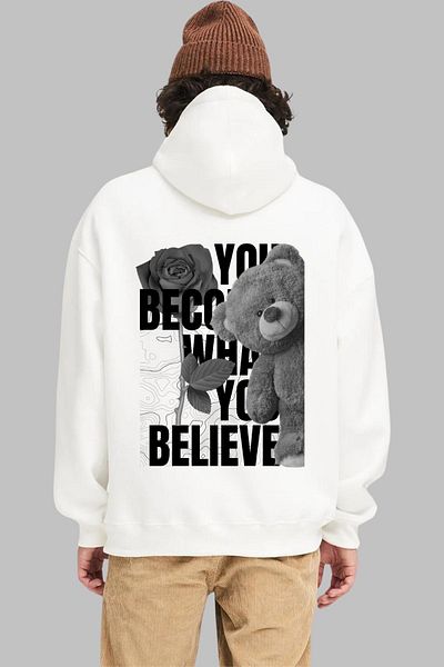 Nyda Collections Hanorac oversize din bumbac cu glugă, unisex, cu imprimeu Rose Bear