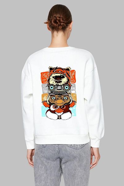 Nyda Collections Hanorac supradimensionat unisex din bumbac - mânecă lungă, imprimeu animal, gât crew, panglică fără glugă
