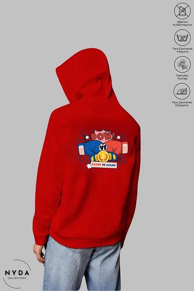 Nyda Collections Унисекс суитшърт с качулка и боксов щамп - дълъг ръкав, релефен, памук