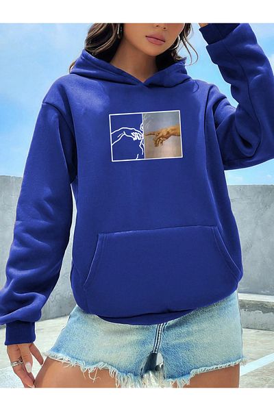 khufu Hanorac cu glugă unisex albastru cu imprimeu Mâna lui Dumnezeu