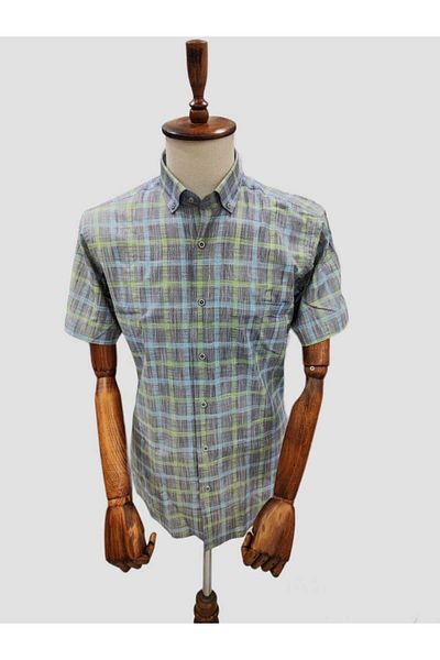 DİGO Plaid Patterned Linen Shirt - Regular Fit, PocKet, Short Sleeve