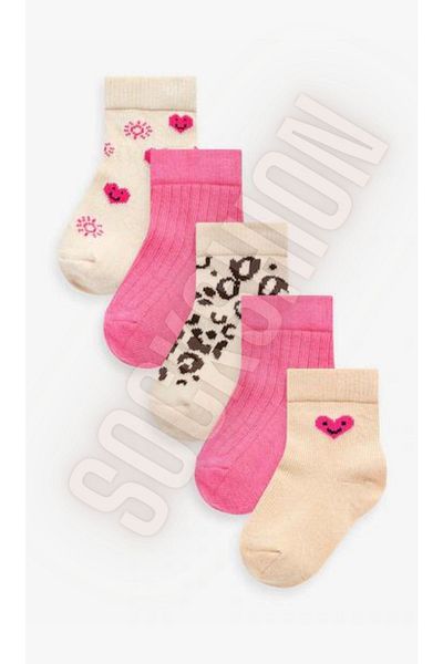 SOCKSHION Комплект от 5 цветни чорапи с шарки на сърца и леопард за момичета